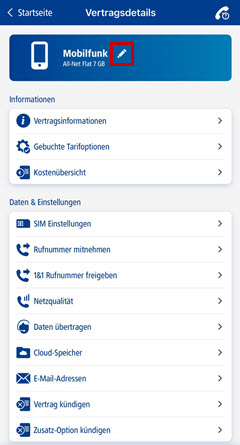 Vertragsdetails eines Mobilfunkvertrags, Bearbeiten-Symbol neben dem Vertragsnamen hervorgehoben