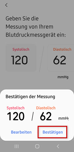 Samsung Galaxy Watch: Blutdruckmessung, Bestätigen markiert