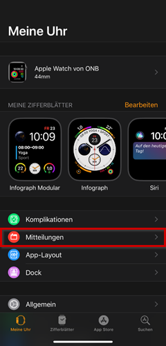 Geöffnete App "Watch", Einstellung "Mitteilungen" hervorgehoben
