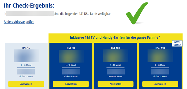 Check-Ergebnis, Ihnen wird angezeigt, welche DSL-Tarife an Ihrem Wohnort verfügbar sind.