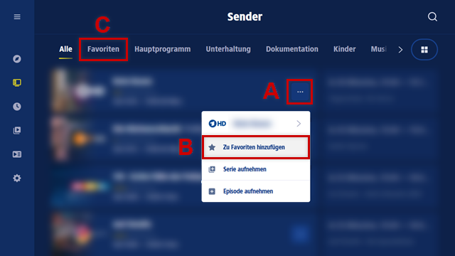 Sender-Ansicht, geöffnetes Sender-Kontextmenü, Button zum Favorisieren eines Senders hervorgehoben