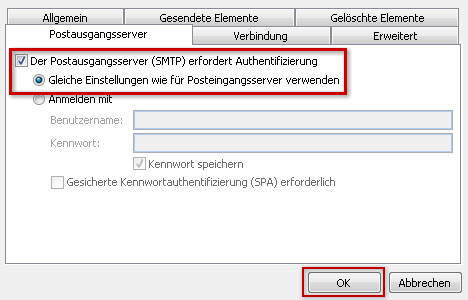 Konto hinzufügen: Einstellungen für Postausgangsserver übernehmen hervorgehoben