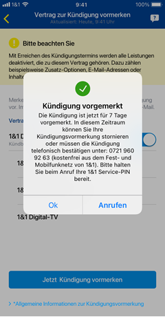 1&1 Control-Center-App: Bestätigung der Kündigungsvormerkung