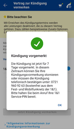 1&1 Control-Center-App: Bestätigung der Kündigungsvormerkung