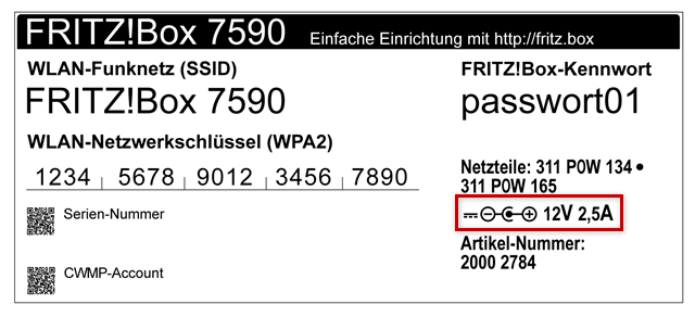 FritzBox: Typenschild (Geräteunterseite), Angaben zu Spannung und Stromstärke markiert