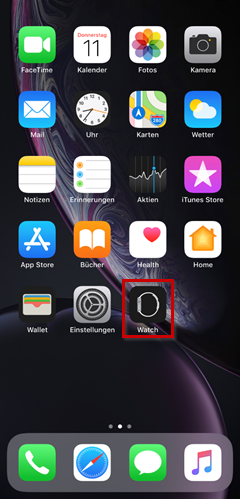 Startbildschirm iPhone, das Icon der App "Watch" ist hervorgehoben