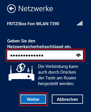 Feld zur Eingabe des Sicherheitsschlüssels und Weiter sind hervorgehoben