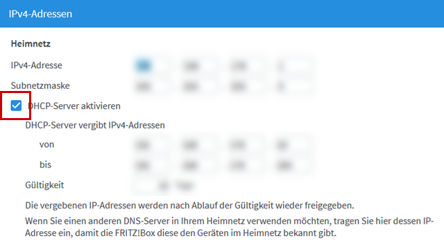 Unter IPv4-Adressen ist der Punkt DHCP-Servier aktivieren angewählt und hervorgehoben