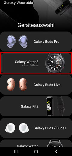 Bild von Galaxy Wearable mit Auswahl der Uhr.