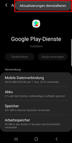 Smartphone (Android): Google-Play-Dienste, Aktualisierungen deinstallieren markiert