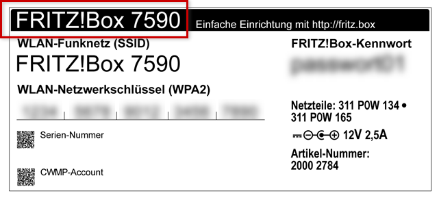 Beispiel für das Typenschild auf einem 1&1 Home- oder BusinessServer (AVM FRITZ!Box)