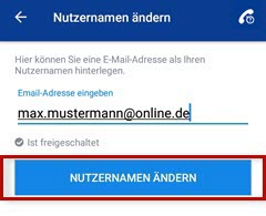 1&1 Control-Center-App Feld zum eintragen einer E-Mail-Adresse und Schaltfläche "Nutzername ändern" 