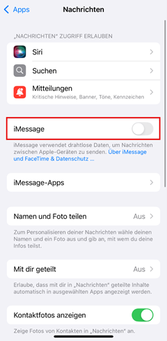 Menüpunkt iMessage hervorgehoben