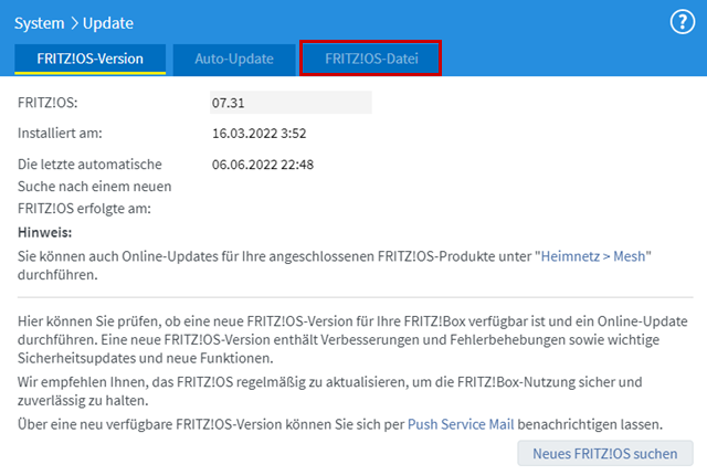 Versionsmenü, FRITZ!OS-Datei-Tab hervorgehoben