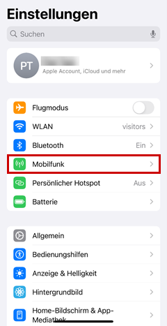 Einstellungen, Mobilfunk Icon hervorgehoben