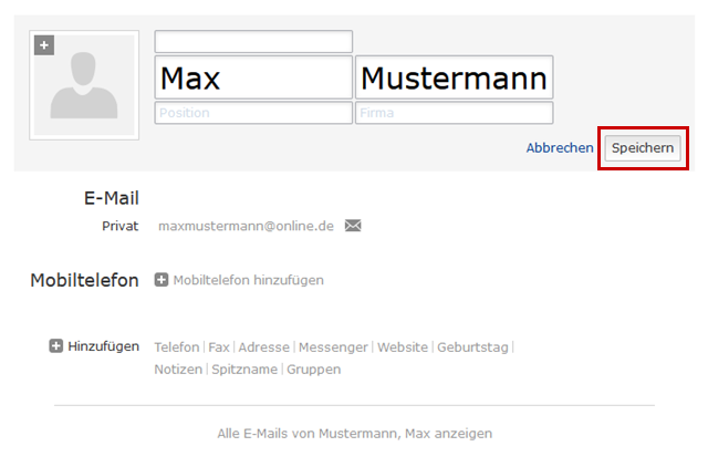 Webmailer Visitenkarte bearbeiten, Button "Speichern" hervorgehoben