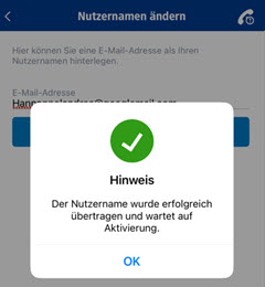 Hinweis, dass der Benutzername erfolgreich eingetragen wurde. Die Schaltfläche OK ist markiert.