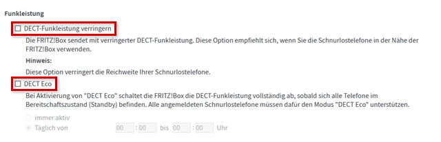 Funkleistung, DECT-Eco und DECT-Funkleistung verringern markiert