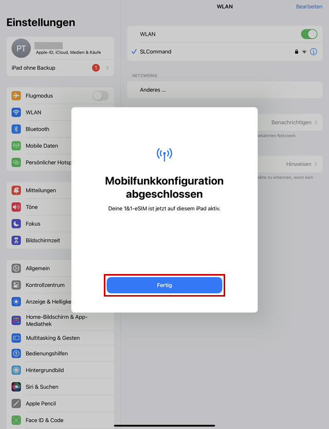 Button Fertig, um die Mobilfunkkonfiguration abzuschließen.