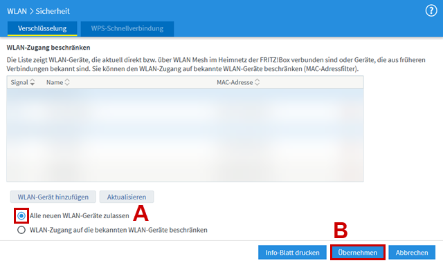 Liste von WLAN-Geräten im Heimnetz, Auswahlfeld zum uneingeschränkten Zulassen neuer WLAN-Geräte hervorgehoben