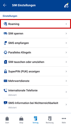 Unter dem Menüpunkt SIM-Einstellungen ist Roaming-Einstellungen hervorgehoben