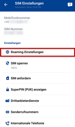 Unter dem Menüpunkt SIM-Einstellungen ist Roaming-Einstellungen hervorgehoben