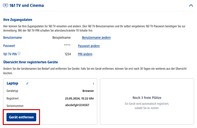 TV-Einstellungen und Übersicht registrierter TV-Wiedergabegeräte im 1&1 Control-Center, der Button zum Entfernen eines Geräts ist hervorgehoben