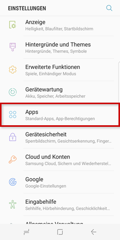 Einstellungen-Menü auf einem Samsung-Smartphone, Apps-Menütitel hervorgehoben