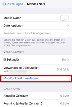 Mobiles Netz, Mobilfunktarif hinzufügen mit Icon hervorgehoben
