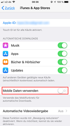 Unter iTunes & App Stores ist der Menüpunkt Mobile Daten verwenden markiert