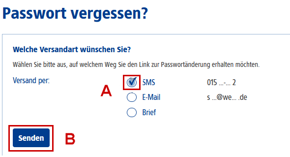 Unter Passwort vergessen ist die Versandart SMS gewählt und hervorgehoben