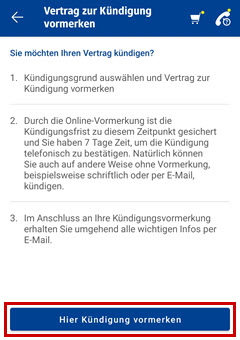 Control-Center-App: Kündigungsinformationen > Kündigung vormerken