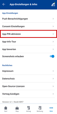 App-Einstellungen, Menü zum Aktivieren der App-PIN hervorgehoben