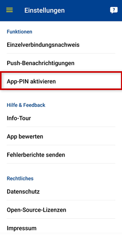 App-Einstellungen, Menü zum Aktivieren der App-PIN hervorgehoben