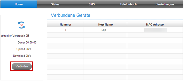 Startseite der Benutzeroberfläche mit Rahmen um den Button verbinden.