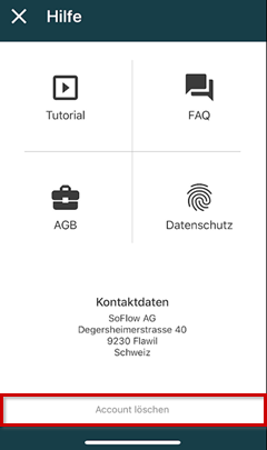 Hilfe der SoFlow-App mit Rahmen um Account löschen