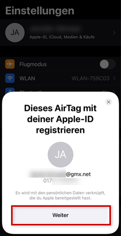 AirTag-Registrierung hervorgehoben