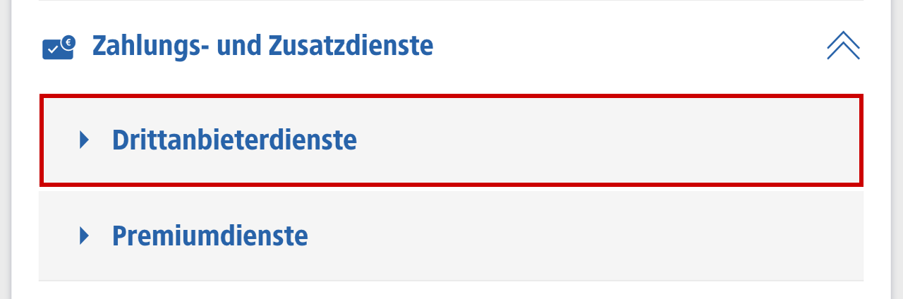 Ansicht: Zahlungs- und Zusatzdienste: Drittanbieterdienste hervorgehoben