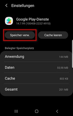 Smartphone (Android): Google-Play-Dienste, Speicher verwalten markiert