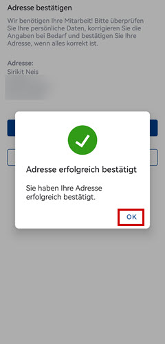 Eine Meldung zeigt an, dass die Adresse erfolgreich bestätigt wurde.