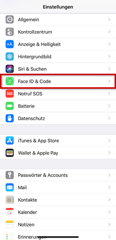 Hervorhebung des Felds Face ID & Code