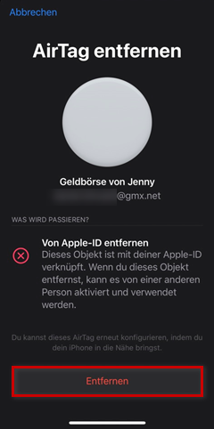 AirTag entfernen: Entfernen hervorgehoben