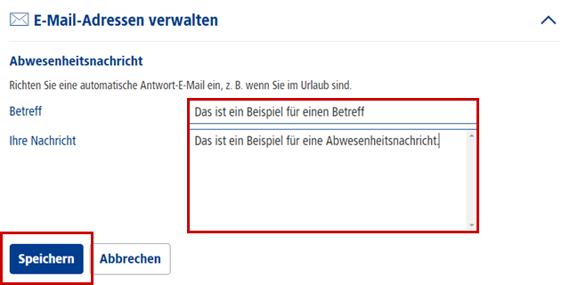 Untermenü zum Eintragen einer Abwesenheitsnachricht, Speichern-Button hervorgehoben