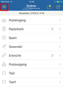1&1 Mail-App: Posteingang, Menü markiert