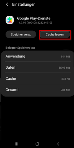 Smartphone (Android): Google-Play-Dienste, Cache leeren markiert