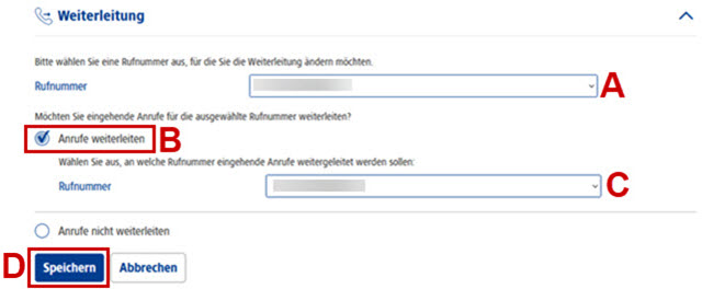 Weiterleitung: Eingabefeld für "Rufnummer-Weiterleitung" (rotes A), Haken für "Anrufe weiterleiten" (rotes B), Eingabefeld "Rufnummer-Weiterleitung an folgende Rufnummer" (C) & "Speichern" (D) sind farblich hervorgehoben. 