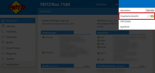 FRITZ!OS Oberfläche, erweiterte Ansicht markiert