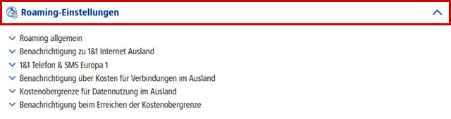 Der Menüpunkt Roaming-Einstellungen ist hervorgehoben. Die Unterpunkte sind sind aufgelistet