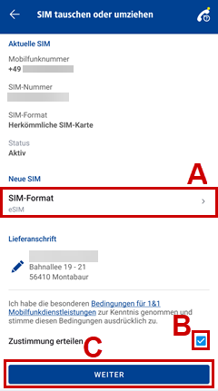 Bestellübersicht mit Lieferanschrift und Bedingungen für die 1&1 Mobilfunkleistungen.