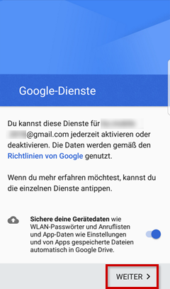 Google-Dienste, "Weiter"-Button unten rechts mit rotem Rand hervorgehoben.